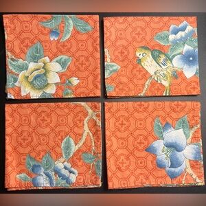 4‎ Vintage Chinoiserie Botanical Cloth Dinner Napkins Handmade Orange Blue Green